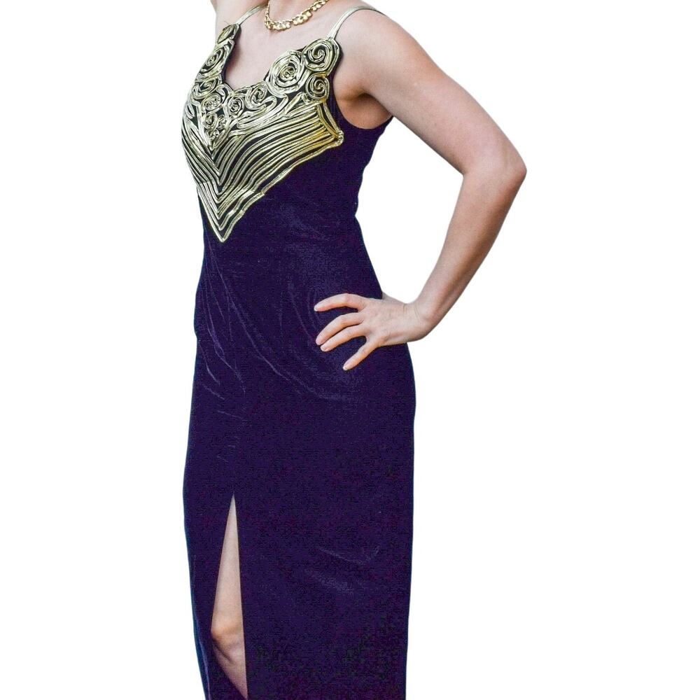 Vintage Scott McClintock Velvet Maxi Dress Prom Ornate Gold Fitted Front Slit 10